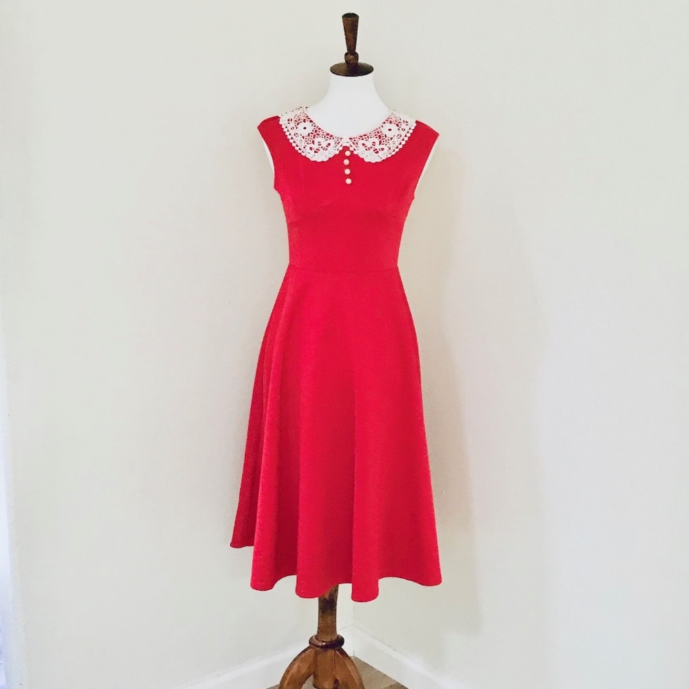 Cute Red Midi Dress, Peter Pan Embroidery Collar
